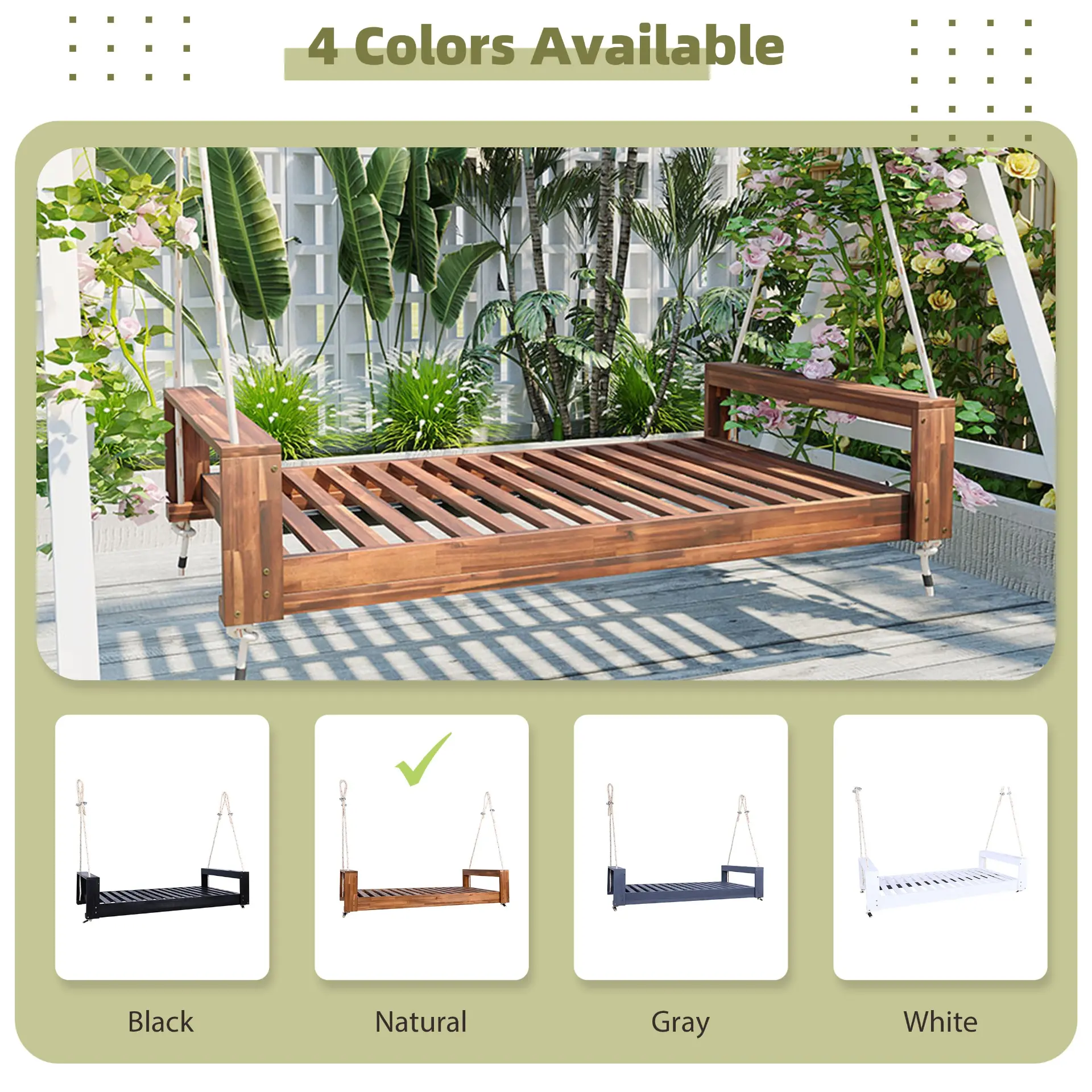 314237706_large.webp Twin Size Porch Swing Bed, Patio Acacia Wood Swing Frame with Hemp Ropes for Backyard - Image 54