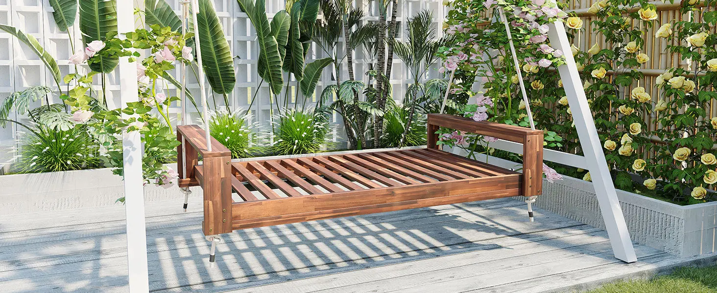 314237716_large.webp Twin Size Porch Swing Bed, Patio Acacia Wood Swing Frame with Hemp Ropes for Backyard - Image 64