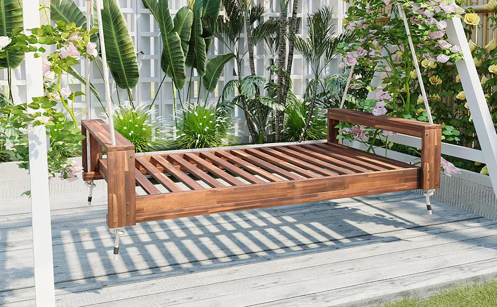 314237717_large.webp Twin Size Porch Swing Bed, Patio Acacia Wood Swing Frame with Hemp Ropes for Backyard - Image 65