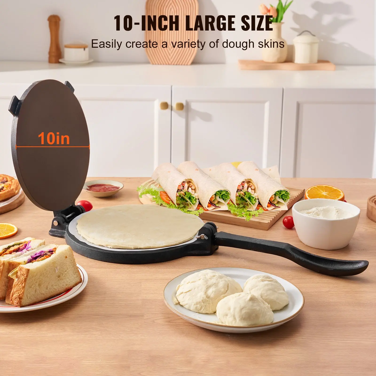 35013141_large.webp VEVOR Tortilla Press, 10 Inch Tortilla and Roti Maker, Cast Iron Heavy Duty Tortilladora Press, Pre-Seasoned Pataconera Maker with 100 Pcs Parchment Paper, Dough Maker for Flour Tortilla, Tawa, Silver