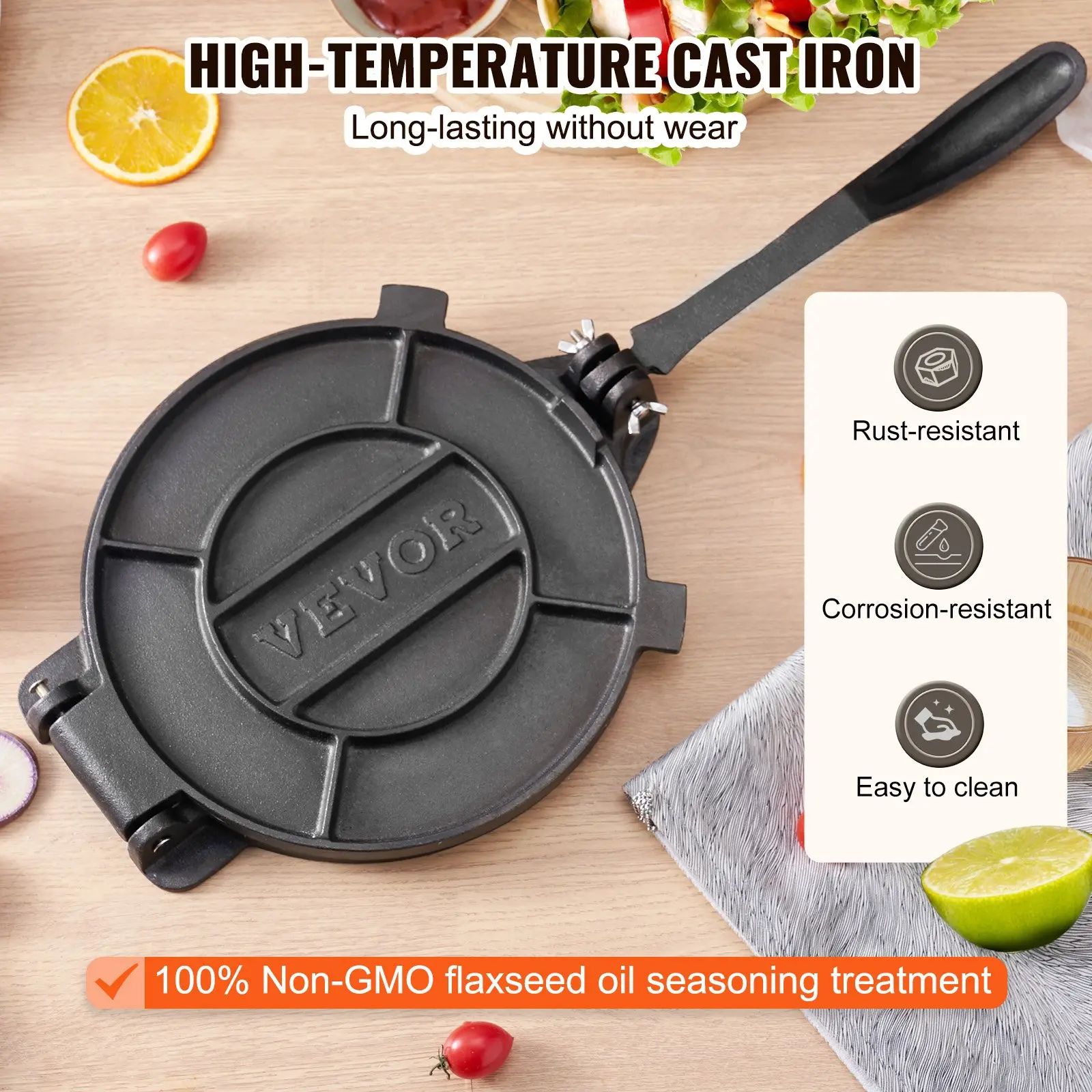 35013142_large.webp VEVOR Tortilla Press, 10 Inch Tortilla and Roti Maker, Cast Iron Heavy Duty Tortilladora Press, Pre-Seasoned Pataconera Maker with 100 Pcs Parchment Paper, Dough Maker for Flour Tortilla, Tawa, Silver - Image 2