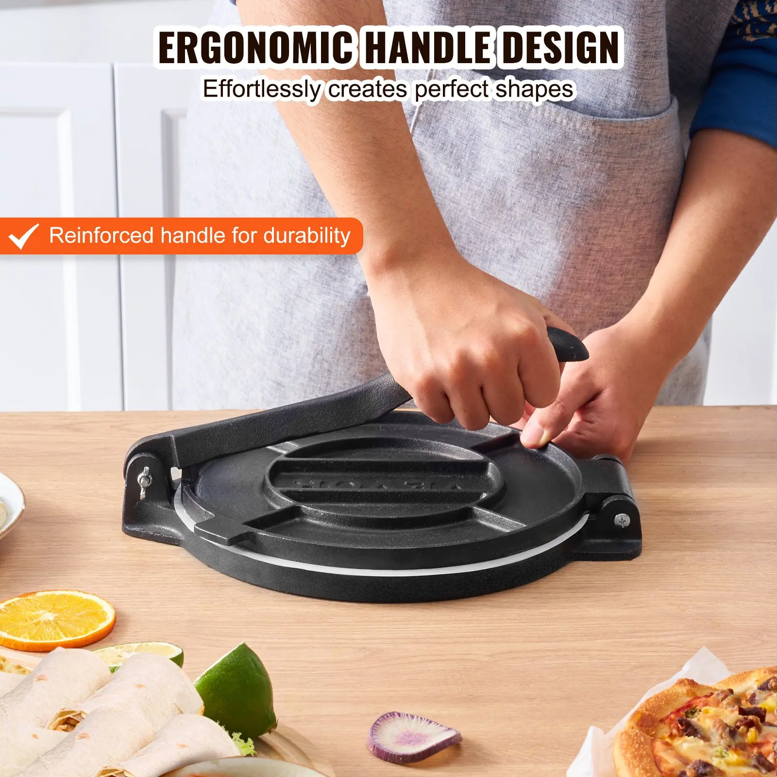 35013143_large.webp VEVOR Tortilla Press, 10 Inch Tortilla and Roti Maker, Cast Iron Heavy Duty Tortilladora Press, Pre-Seasoned Pataconera Maker with 100 Pcs Parchment Paper, Dough Maker for Flour Tortilla, Tawa, Silver - Image 3