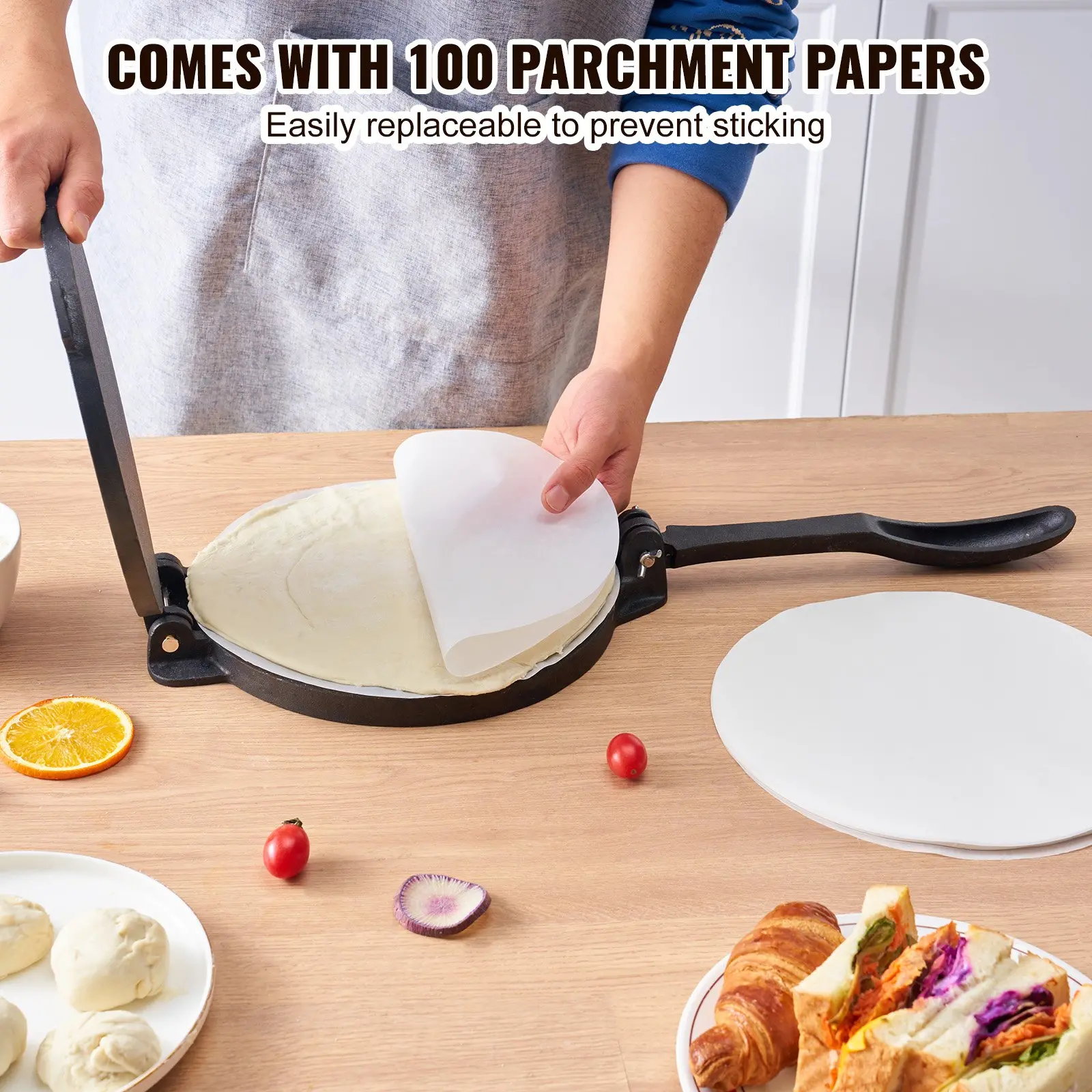 35013144_large.webp VEVOR Tortilla Press, 10 Inch Tortilla and Roti Maker, Cast Iron Heavy Duty Tortilladora Press, Pre-Seasoned Pataconera Maker with 100 Pcs Parchment Paper, Dough Maker for Flour Tortilla, Tawa, Silver - Image 4