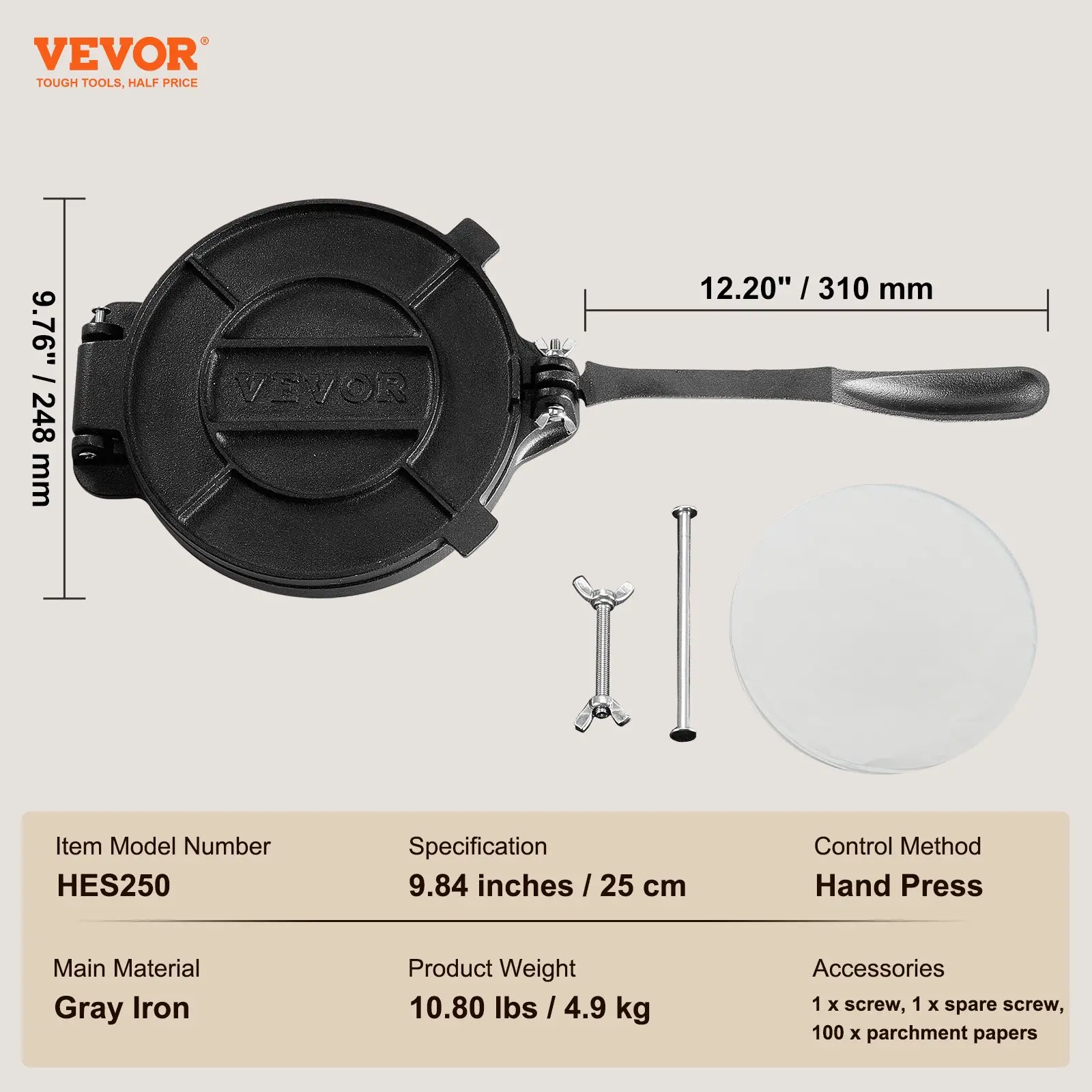 35013146_large.webp VEVOR Tortilla Press, 10 Inch Tortilla and Roti Maker, Cast Iron Heavy Duty Tortilladora Press, Pre-Seasoned Pataconera Maker with 100 Pcs Parchment Paper, Dough Maker for Flour Tortilla, Tawa, Silver - Image 6