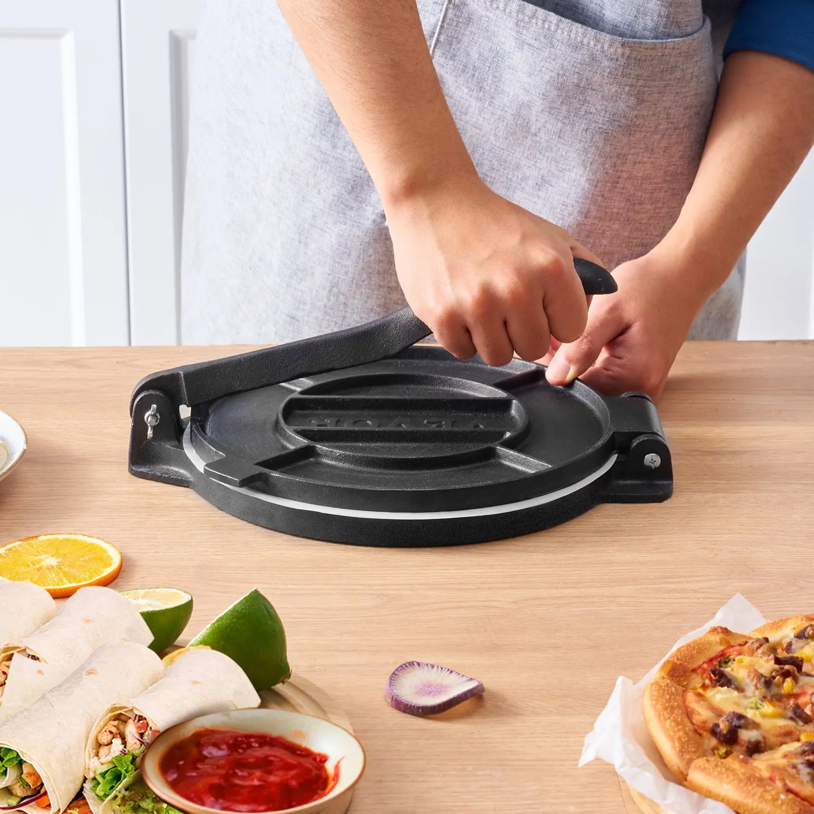 35013147_large.webp VEVOR Tortilla Press, 10 Inch Tortilla and Roti Maker, Cast Iron Heavy Duty Tortilladora Press, Pre-Seasoned Pataconera Maker with 100 Pcs Parchment Paper, Dough Maker for Flour Tortilla, Tawa, Silver - Image 7