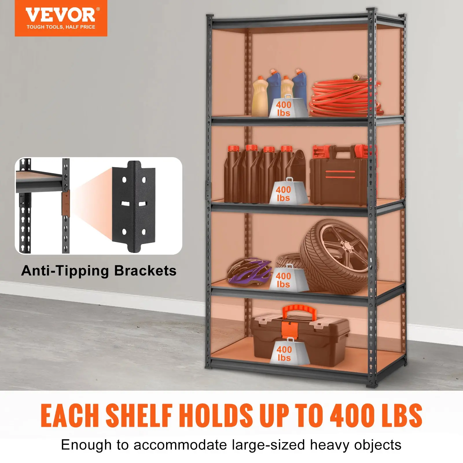 VEVOR Storage Shelving Unit, 5-Tier Adjustable, 2000 lbs Capacity, Heavy Duty Garage Shelves Metal Organizer Utility Rack, Black, 35" L x 18" W x 71" H for Kitchen Pantry Basement Bathroom Laundry - Image 10