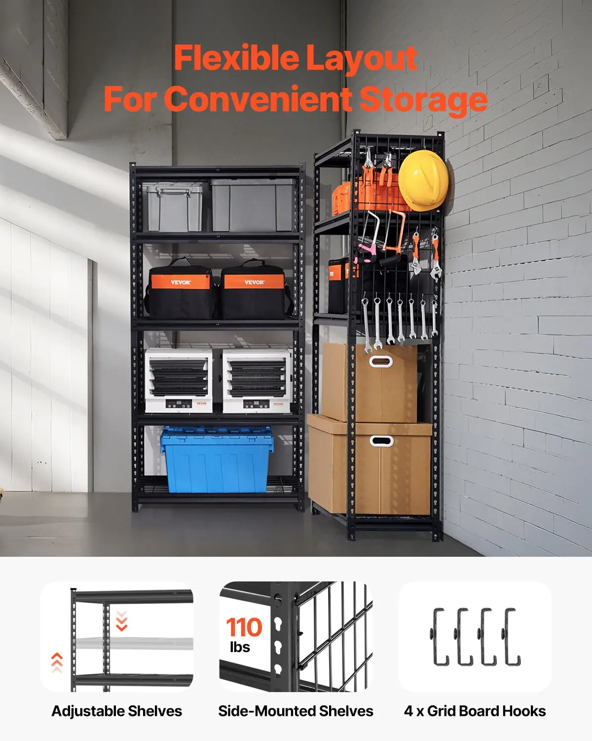 VEVOR Storage Shelves, 2000 lbs, 5 Tier Heavy Duty Garage Shelving, 16" D x 36" W x 72" H Adjustable Metal Shelves for Industrial Shelving Unit Utility Shelf, for Kitchen, Warehouse, Basement, Black - Image 2
