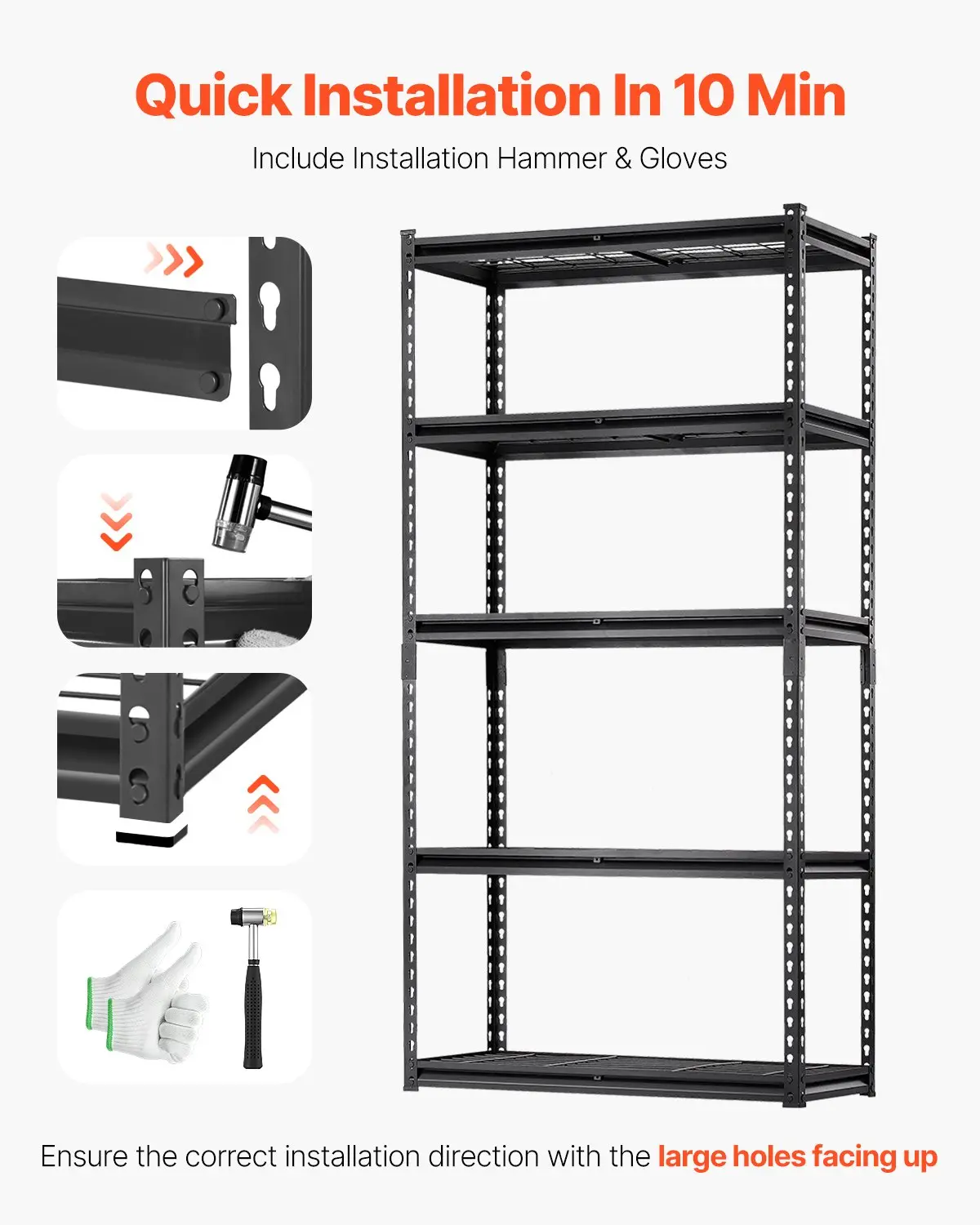 VEVOR Storage Shelves, 2000 lbs, 5 Tier Heavy Duty Garage Shelving, 16" D x 36" W x 72" H Adjustable Metal Shelves for Industrial Shelving Unit Utility Shelf, for Kitchen, Warehouse, Basement, Black - Image 4