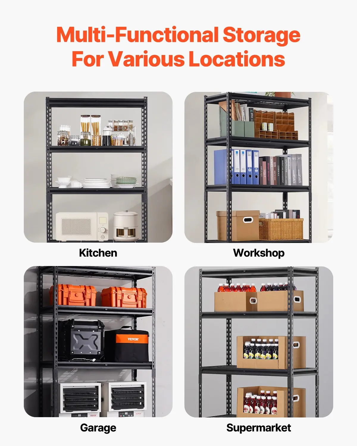 VEVOR Storage Shelves, 2000 lbs, 5 Tier Heavy Duty Garage Shelving, 16" D x 36" W x 72" H Adjustable Metal Shelves for Industrial Shelving Unit Utility Shelf, for Kitchen, Warehouse, Basement, Black - Image 5