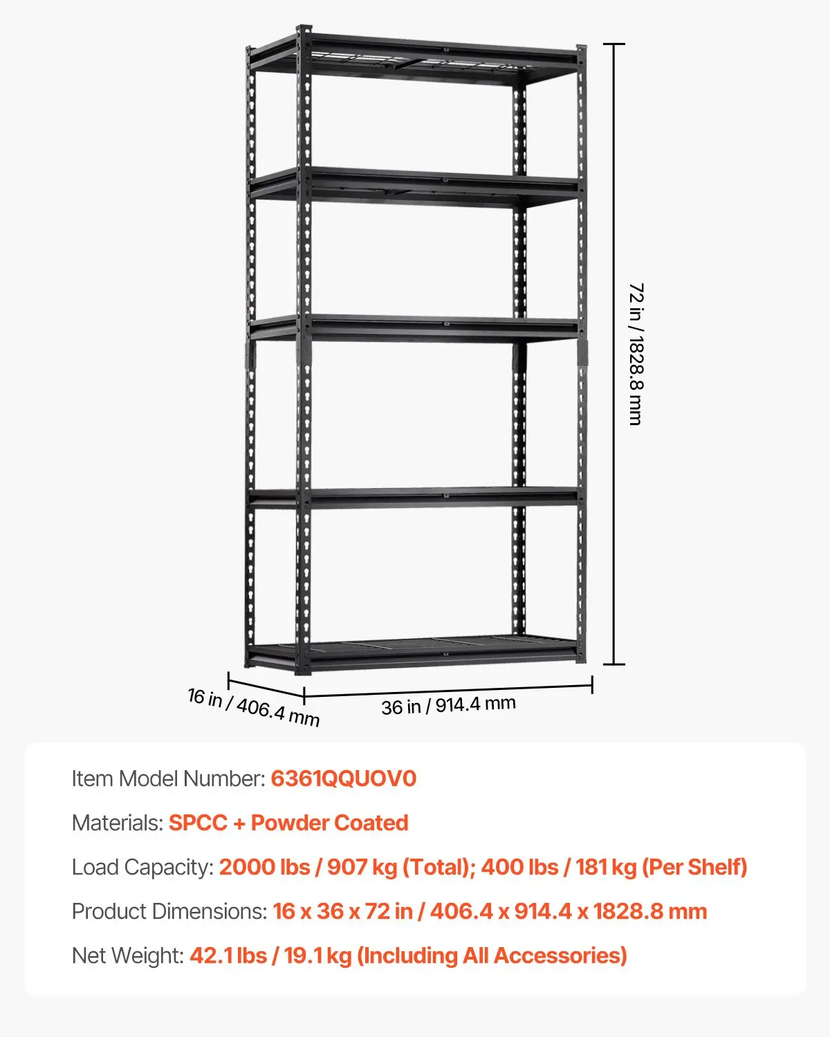VEVOR Storage Shelves, 2000 lbs, 5 Tier Heavy Duty Garage Shelving, 16" D x 36" W x 72" H Adjustable Metal Shelves for Industrial Shelving Unit Utility Shelf, for Kitchen, Warehouse, Basement, Black - Image 6