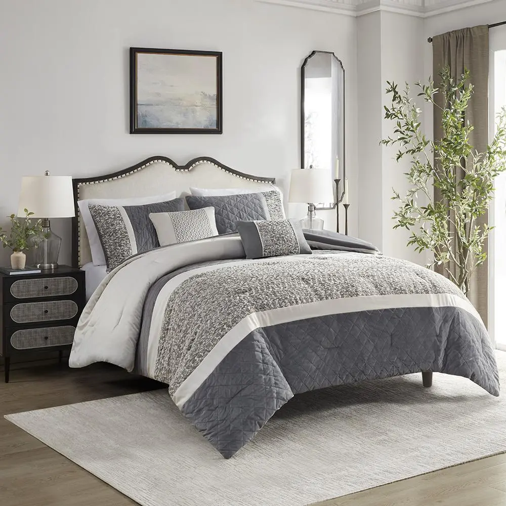 5 Piece Textured Jacquard Stripe Comforter Set with Throw Pillows - Image 6