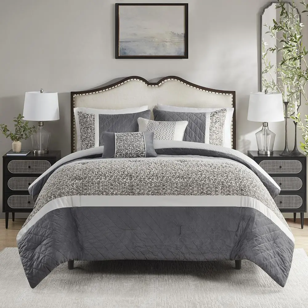 5 Piece Textured Jacquard Stripe Comforter Set with Throw Pillows - Image 8