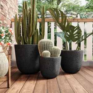 Set of 3 Round MGO Planters with Crackle Stone Texture for Patio, Garden, or Indoor Decor