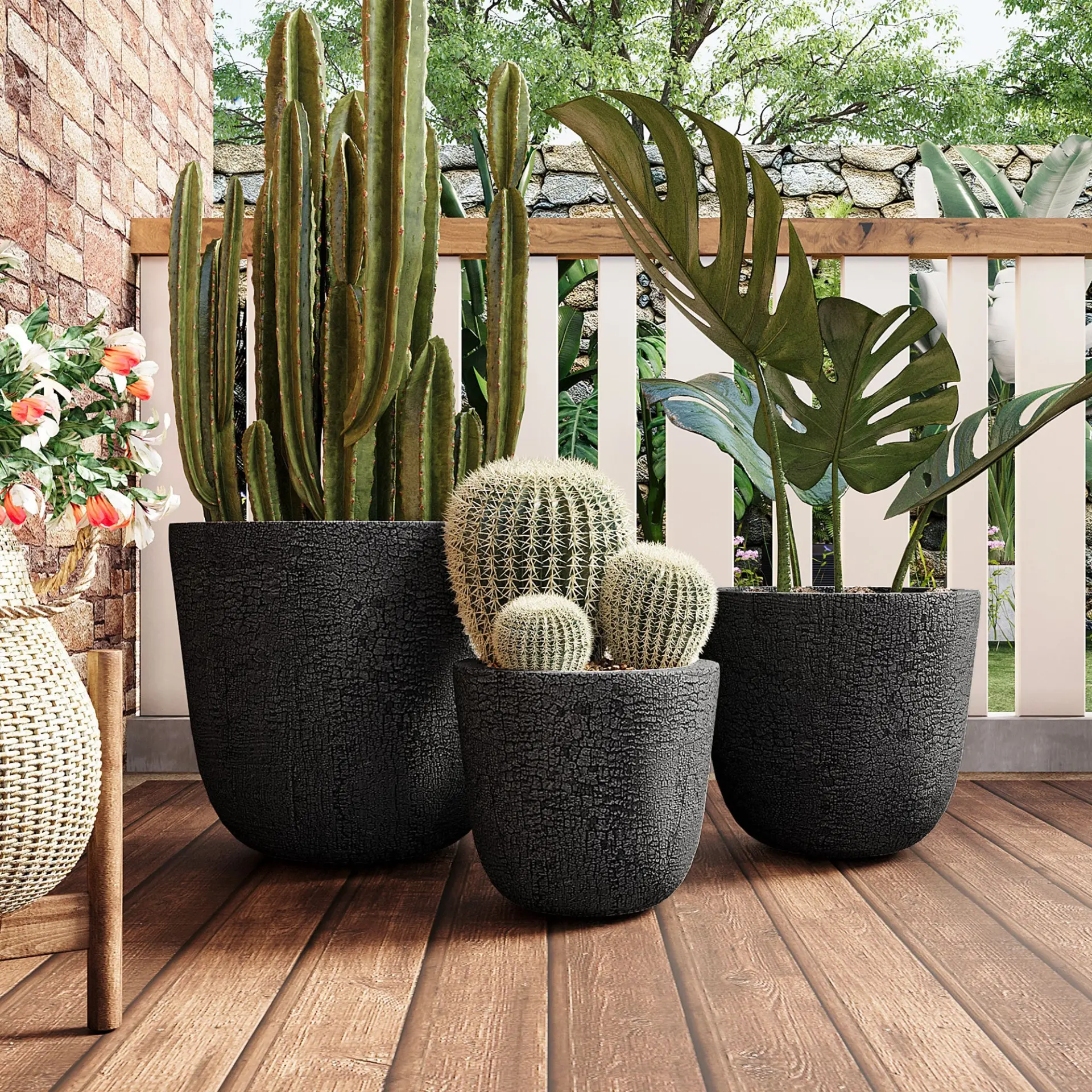 Set of 3 Round MGO Planters with Crackle Stone Texture for Patio, Garden, or Indoor Decor