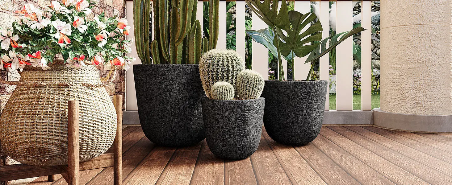 Set of 3 Round MGO Planters with Crackle Stone Texture for Patio, Garden, or Indoor Decor - Image 3