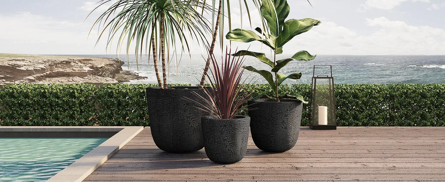 Set of 3 Round MGO Planters with Crackle Stone Texture for Patio, Garden, or Indoor Decor - Image 4
