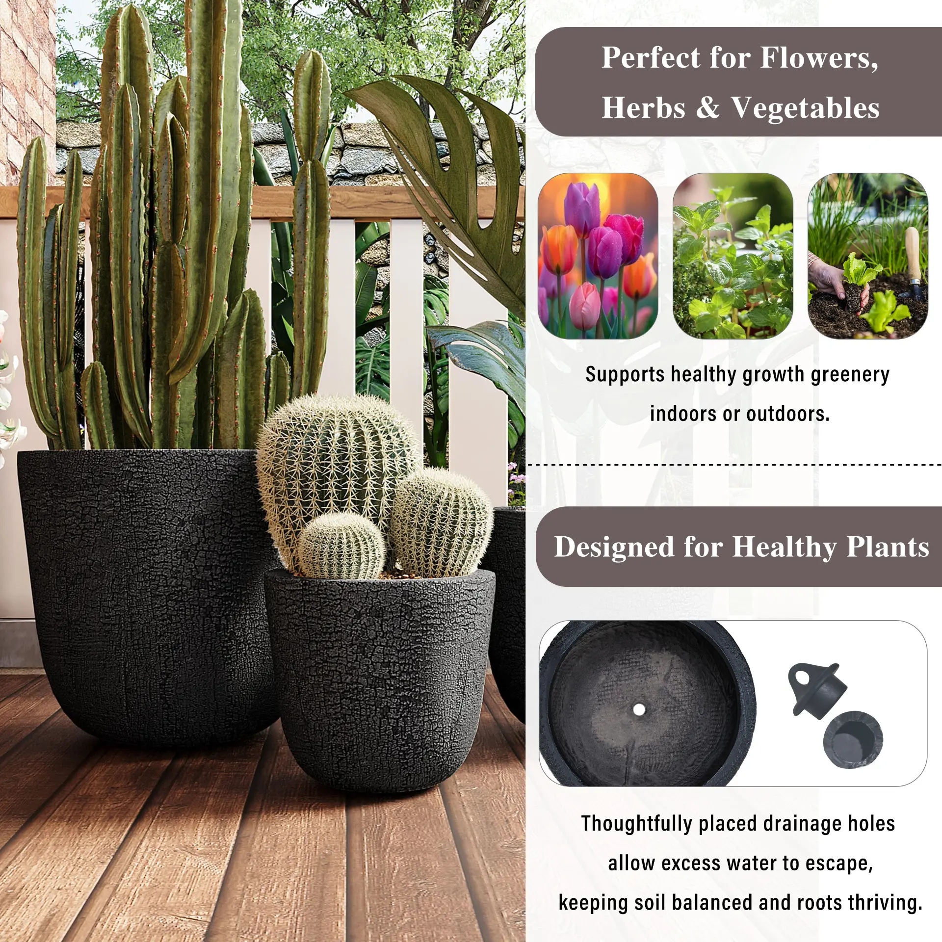 Set of 3 Round MGO Planters with Crackle Stone Texture for Patio, Garden, or Indoor Decor - Image 5