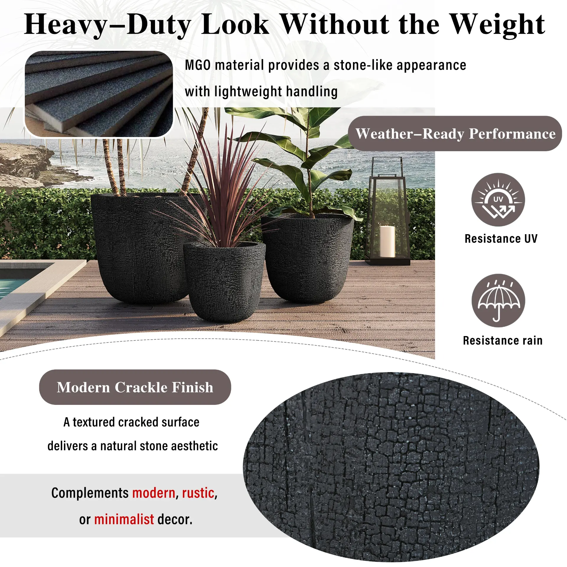 Set of 3 Round MGO Planters with Crackle Stone Texture for Patio, Garden, or Indoor Decor - Image 6