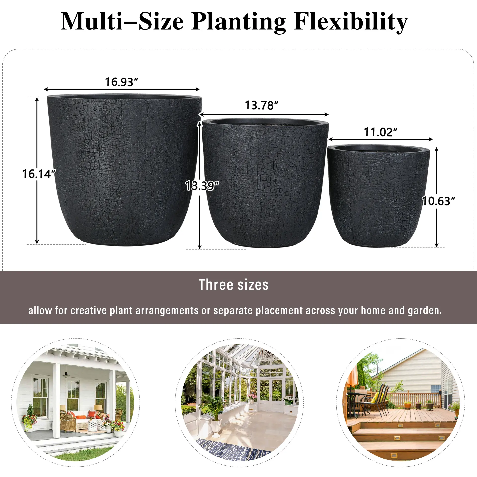 Set of 3 Round MGO Planters with Crackle Stone Texture for Patio, Garden, or Indoor Decor - Image 7