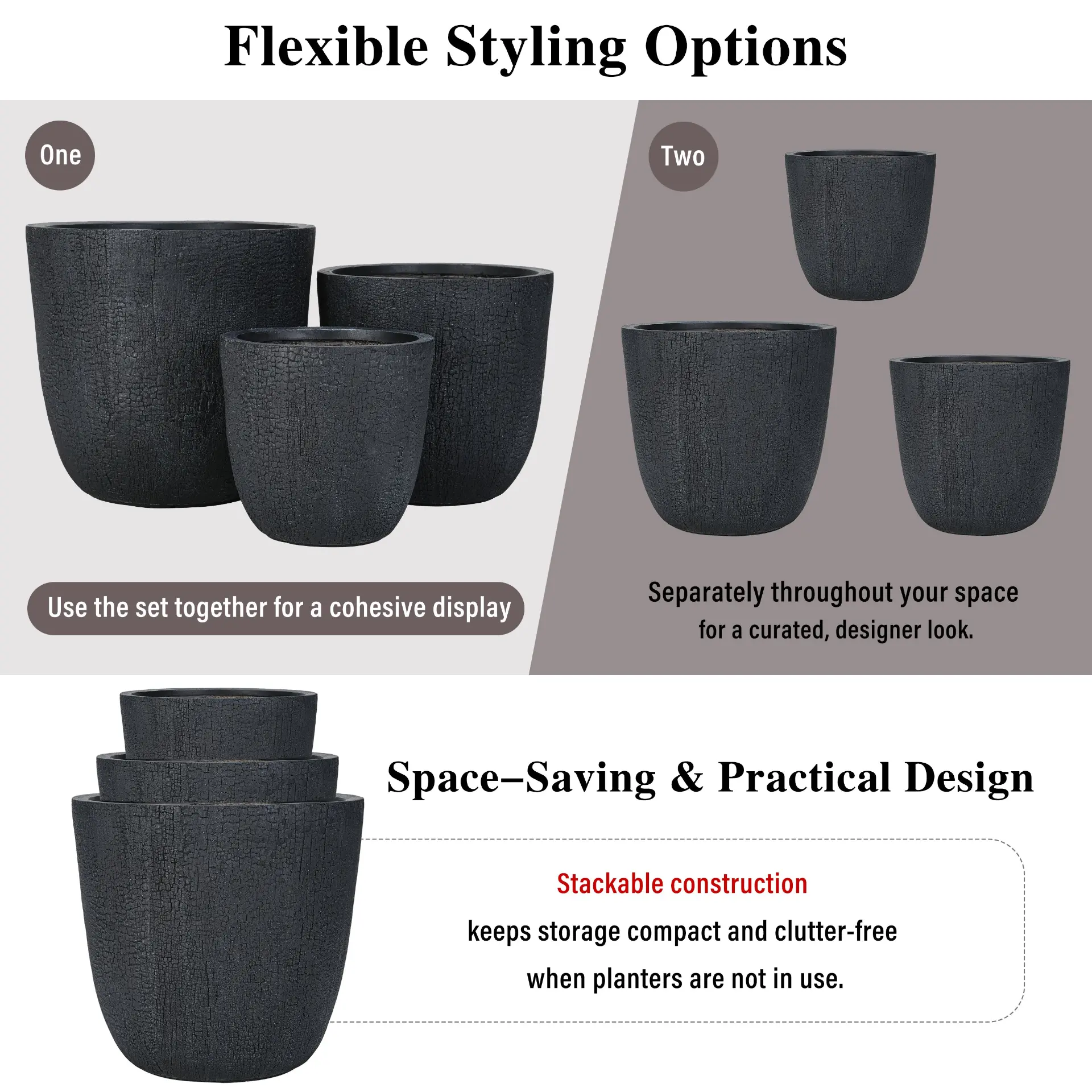 Set of 3 Round MGO Planters with Crackle Stone Texture for Patio, Garden, or Indoor Decor - Image 8