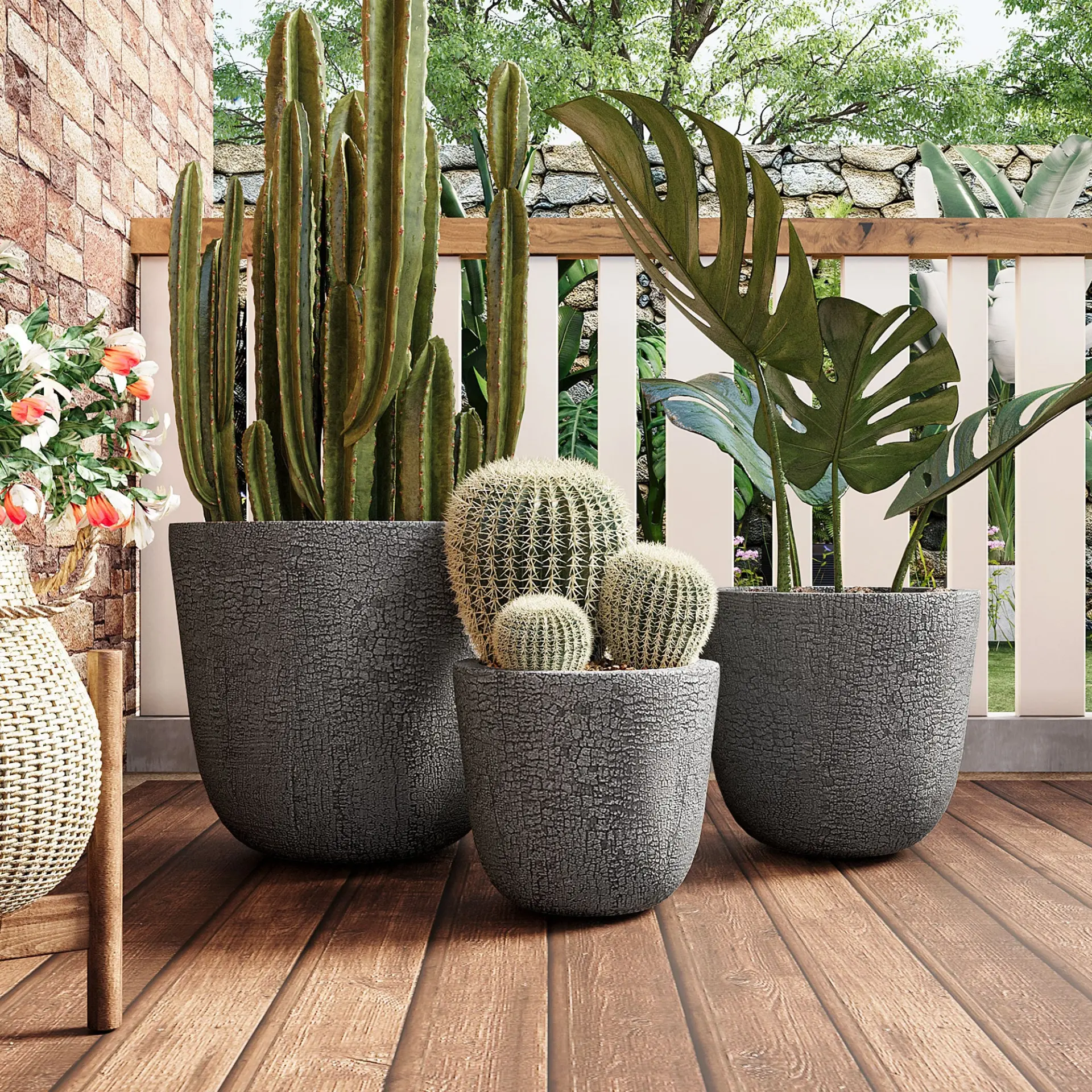 Set of 3 Round MGO Planters with Crackle Stone Texture for Patio, Garden, or Indoor Decor - Image 19