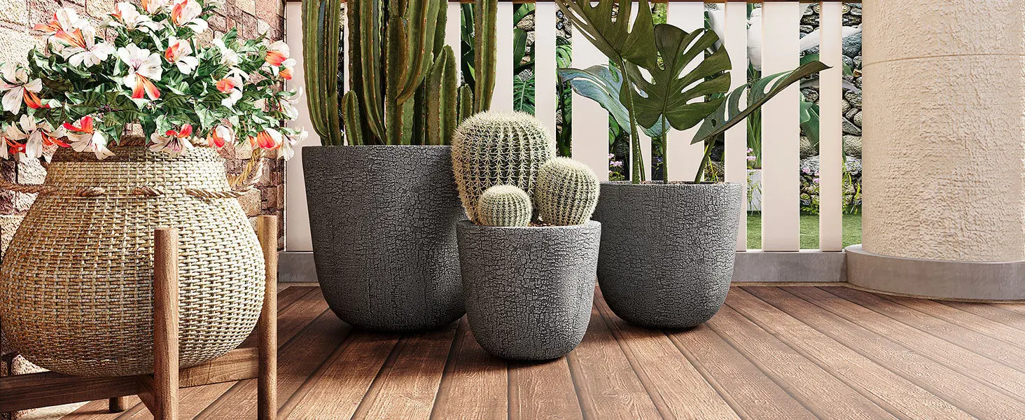 Set of 3 Round MGO Planters with Crackle Stone Texture for Patio, Garden, or Indoor Decor - Image 21