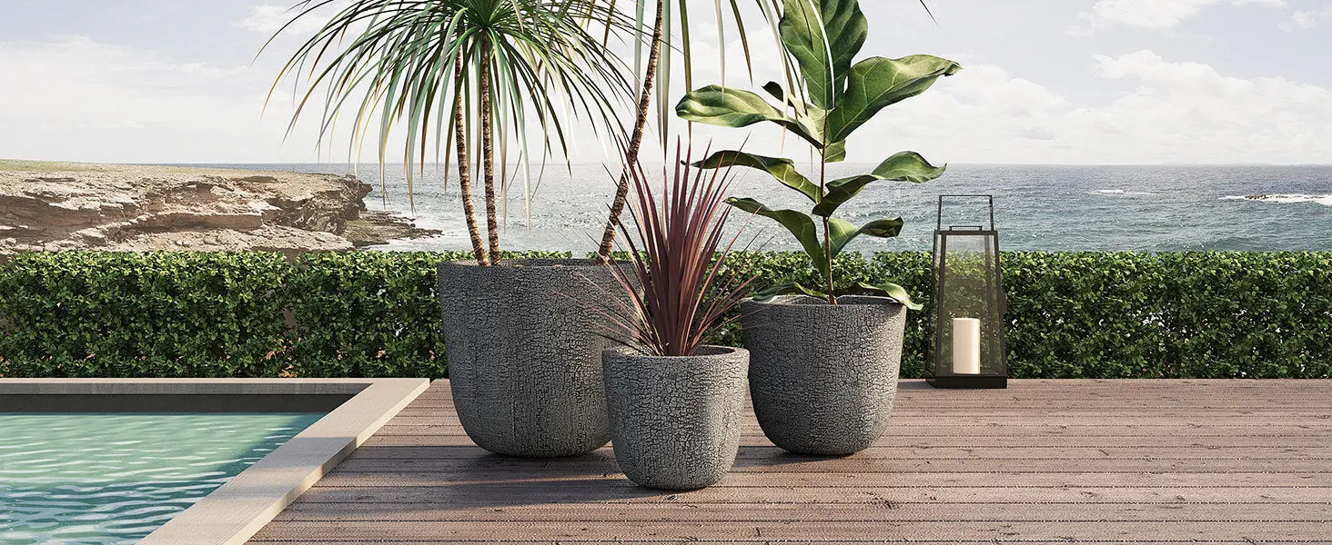 Set of 3 Round MGO Planters with Crackle Stone Texture for Patio, Garden, or Indoor Decor - Image 22