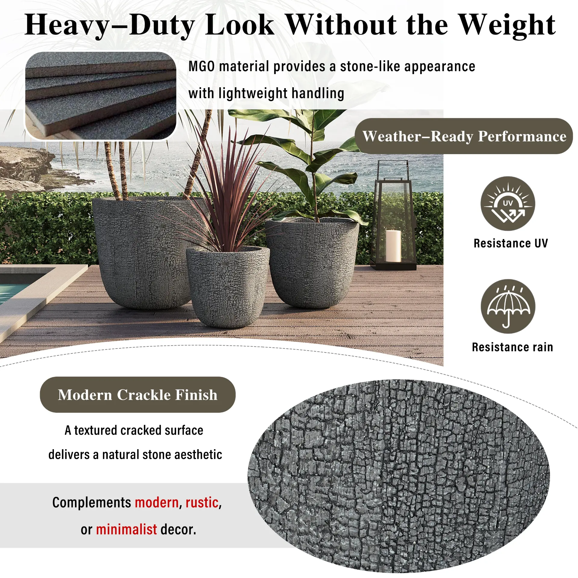 Set of 3 Round MGO Planters with Crackle Stone Texture for Patio, Garden, or Indoor Decor - Image 23