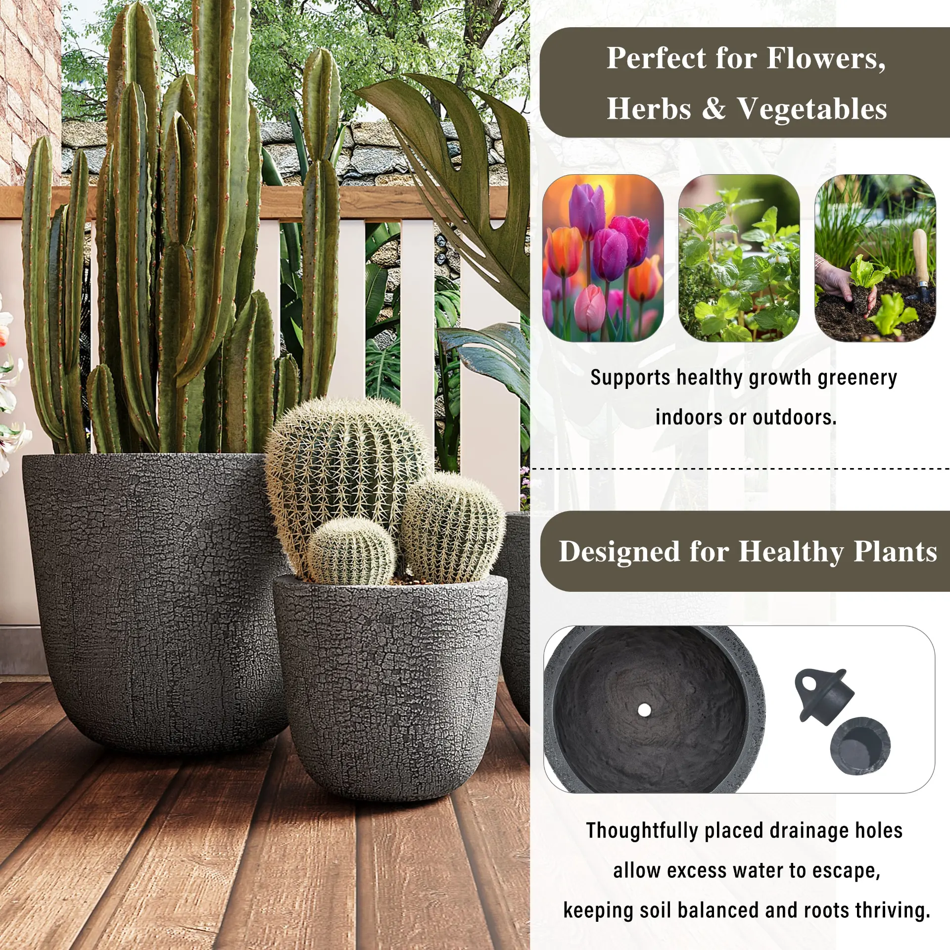 Set of 3 Round MGO Planters with Crackle Stone Texture for Patio, Garden, or Indoor Decor - Image 24