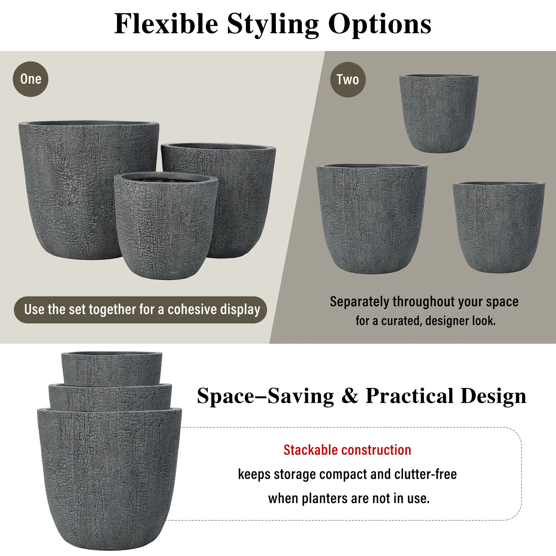 Set of 3 Round MGO Planters with Crackle Stone Texture for Patio, Garden, or Indoor Decor - Image 25
