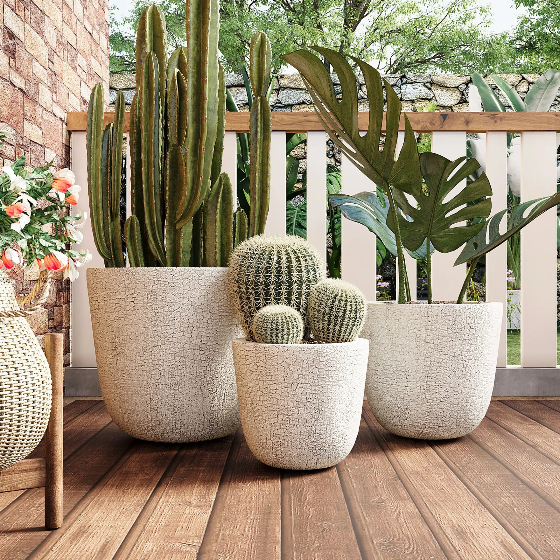 Set of 3 Round MGO Planters with Crackle Stone Texture for Patio, Garden, or Indoor Decor - Image 32