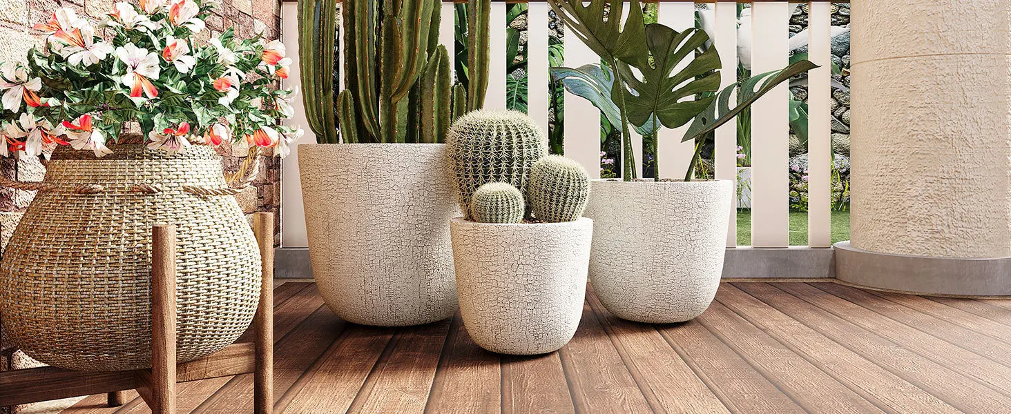 Set of 3 Round MGO Planters with Crackle Stone Texture for Patio, Garden, or Indoor Decor - Image 34