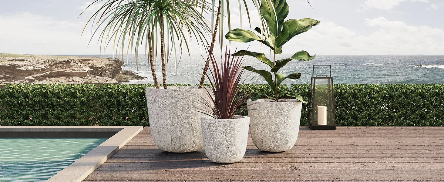 Set of 3 Round MGO Planters with Crackle Stone Texture for Patio, Garden, or Indoor Decor - Image 35