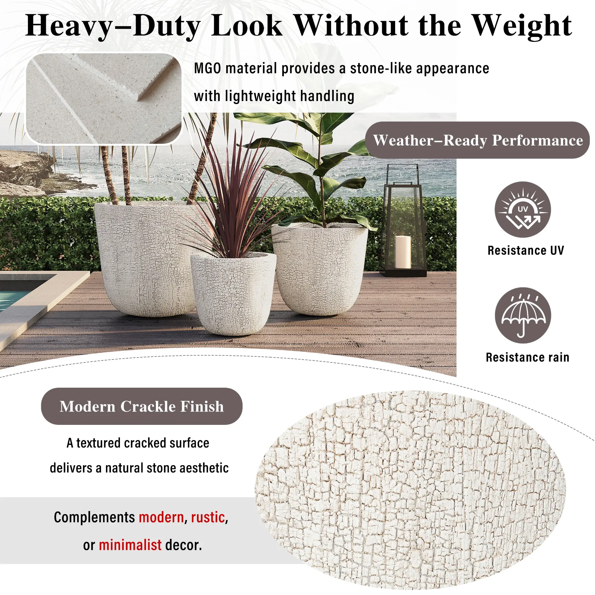Set of 3 Round MGO Planters with Crackle Stone Texture for Patio, Garden, or Indoor Decor - Image 36