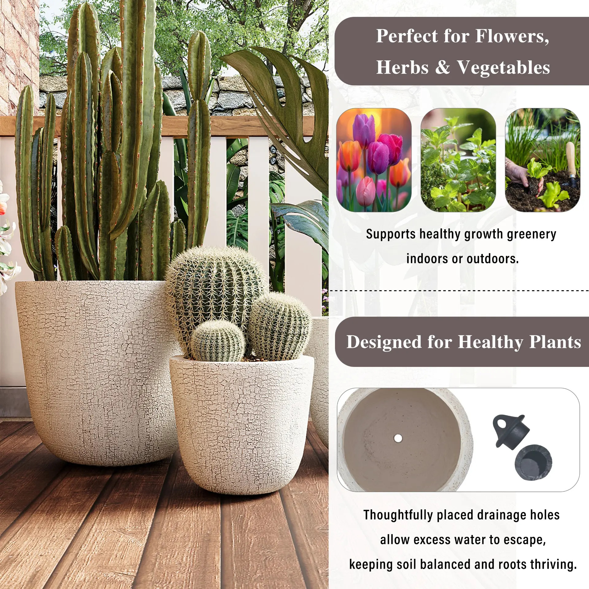 Set of 3 Round MGO Planters with Crackle Stone Texture for Patio, Garden, or Indoor Decor - Image 37