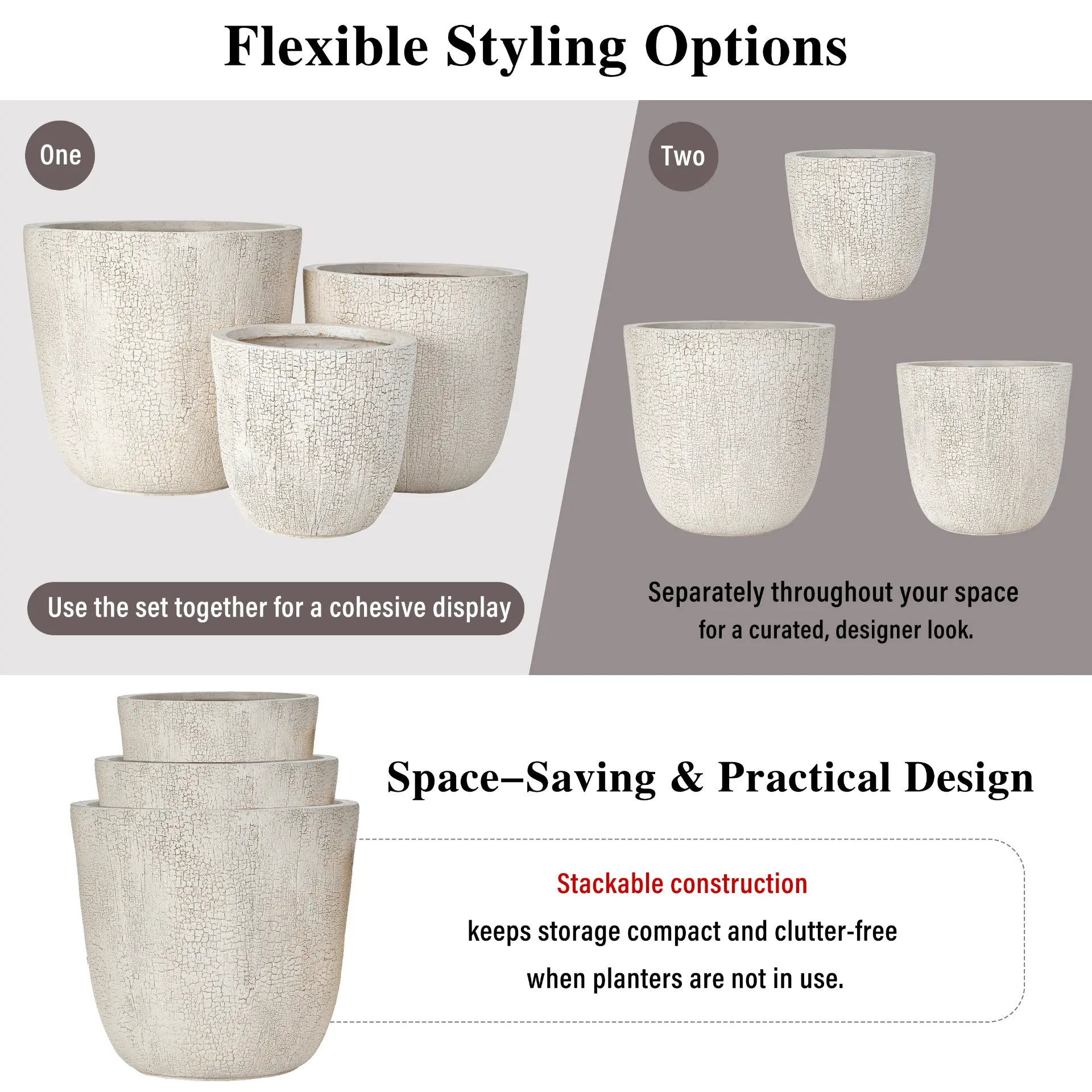 Set of 3 Round MGO Planters with Crackle Stone Texture for Patio, Garden, or Indoor Decor - Image 38