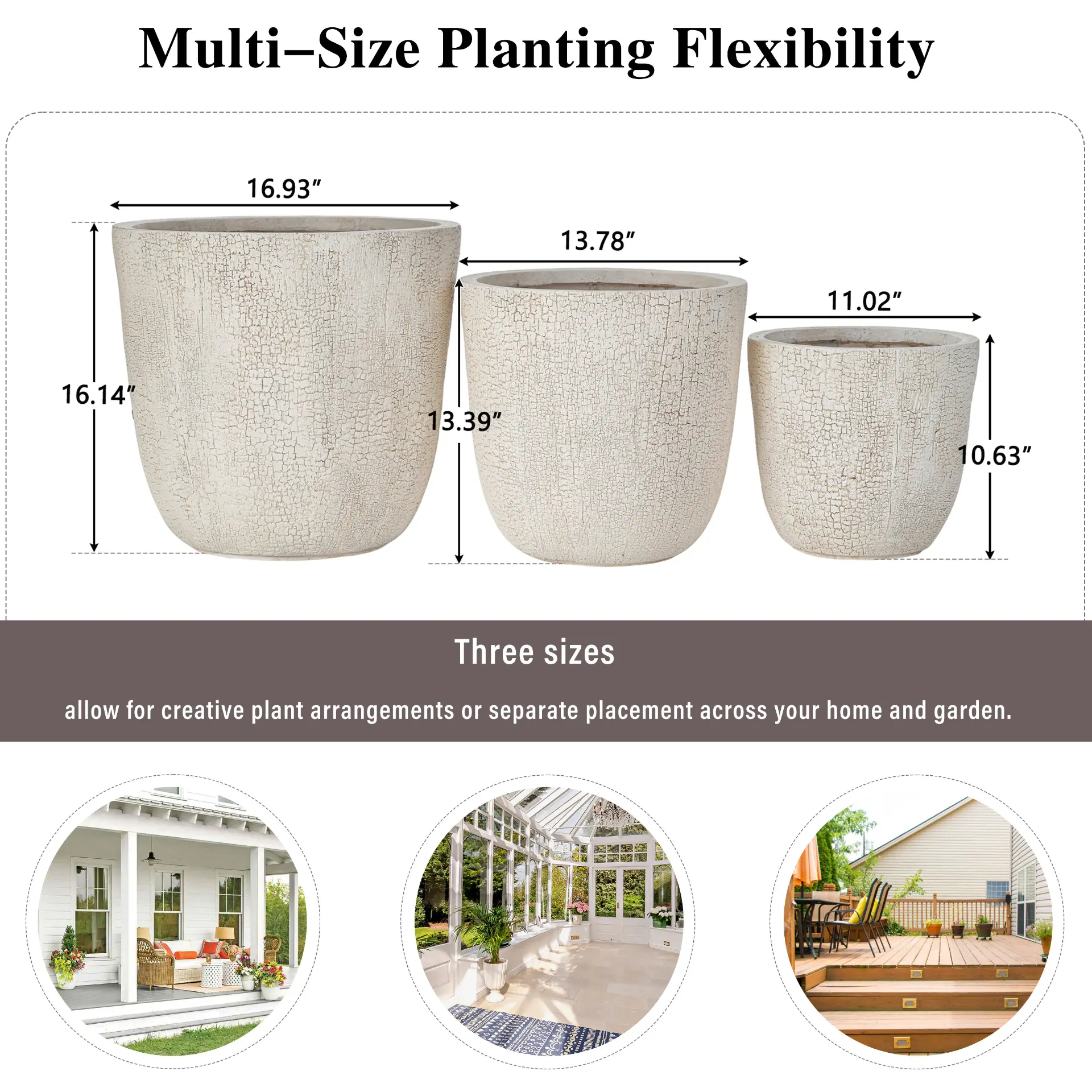 Set of 3 Round MGO Planters with Crackle Stone Texture for Patio, Garden, or Indoor Decor - Image 39