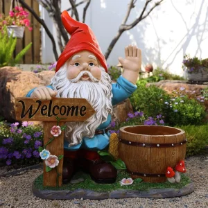 Resin Gnome Planter Statue with Welcome Sign for Outdoor Garden Decor, 27.5 in