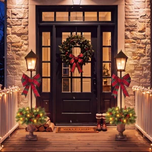 Pre-Lit Christmas Lamp Post Urn Set of 2 with Plaid Bows and Pinecones