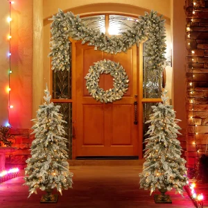 Pre-Lit Green Christmas Decor Set with Wreath, Garland and Two Entrance Trees
