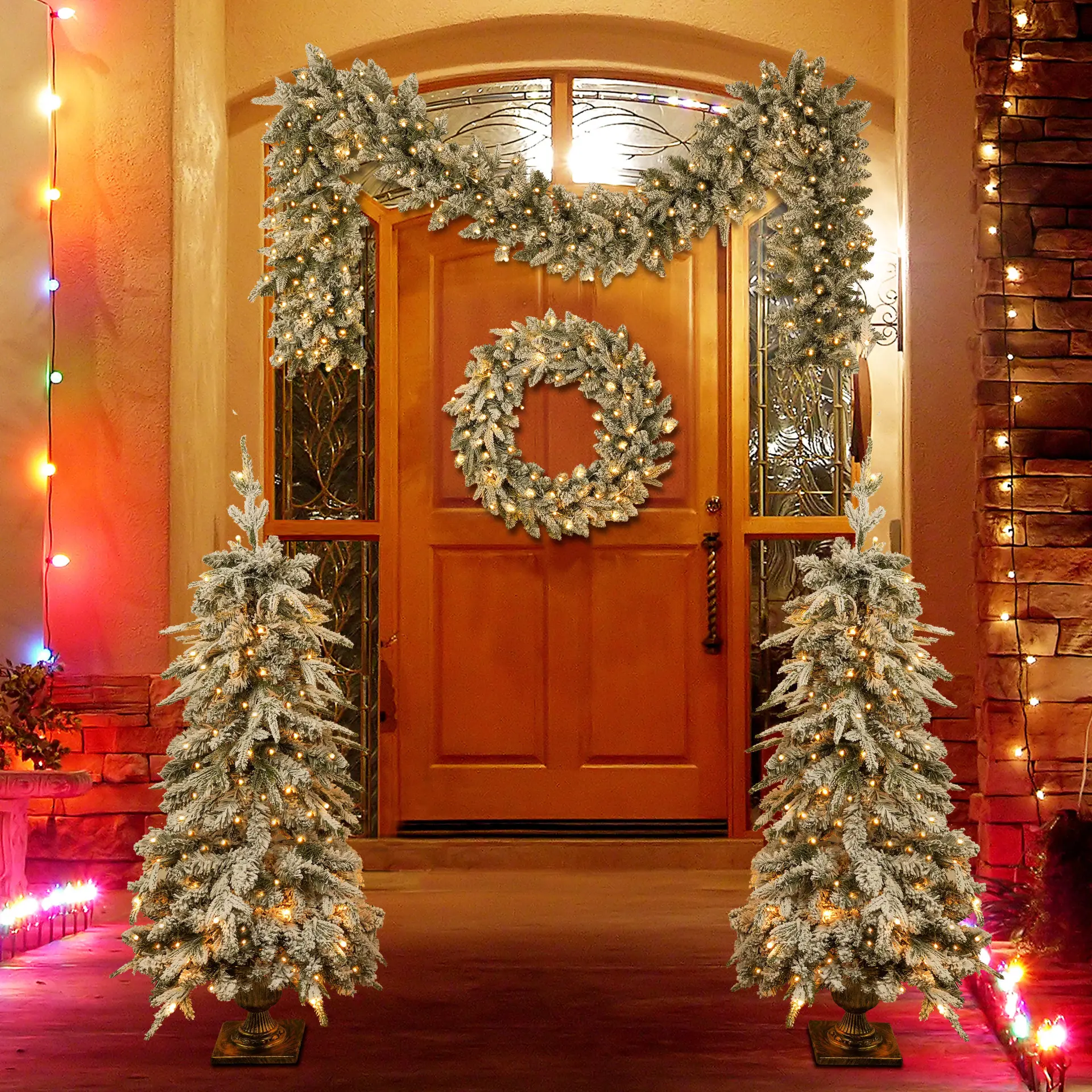 Pre-Lit Green Christmas Decor Set with Wreath, Garland and Two Entrance Trees