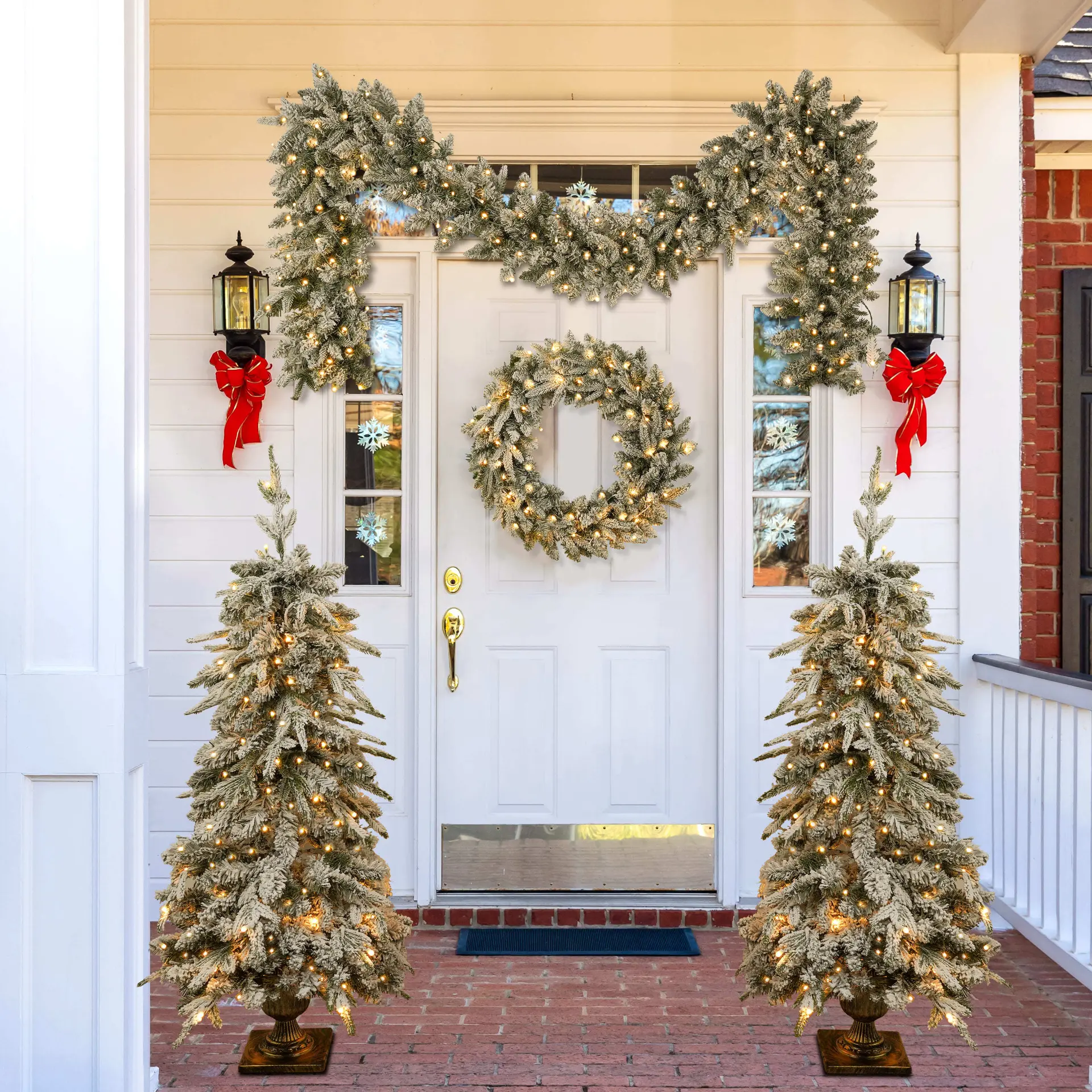 Pre-Lit Green Christmas Decor Set with Wreath, Garland and Two Entrance Trees - Image 2