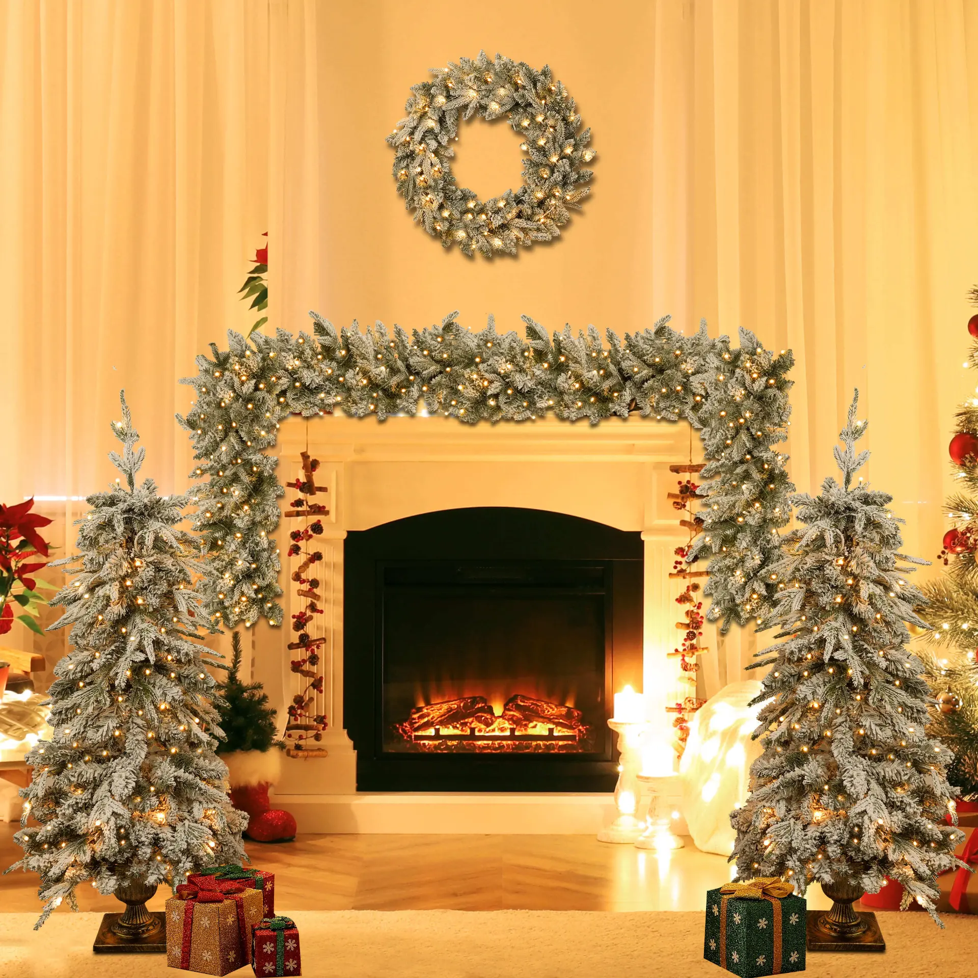 Pre-Lit Green Christmas Decor Set with Wreath, Garland and Two Entrance Trees - Image 3