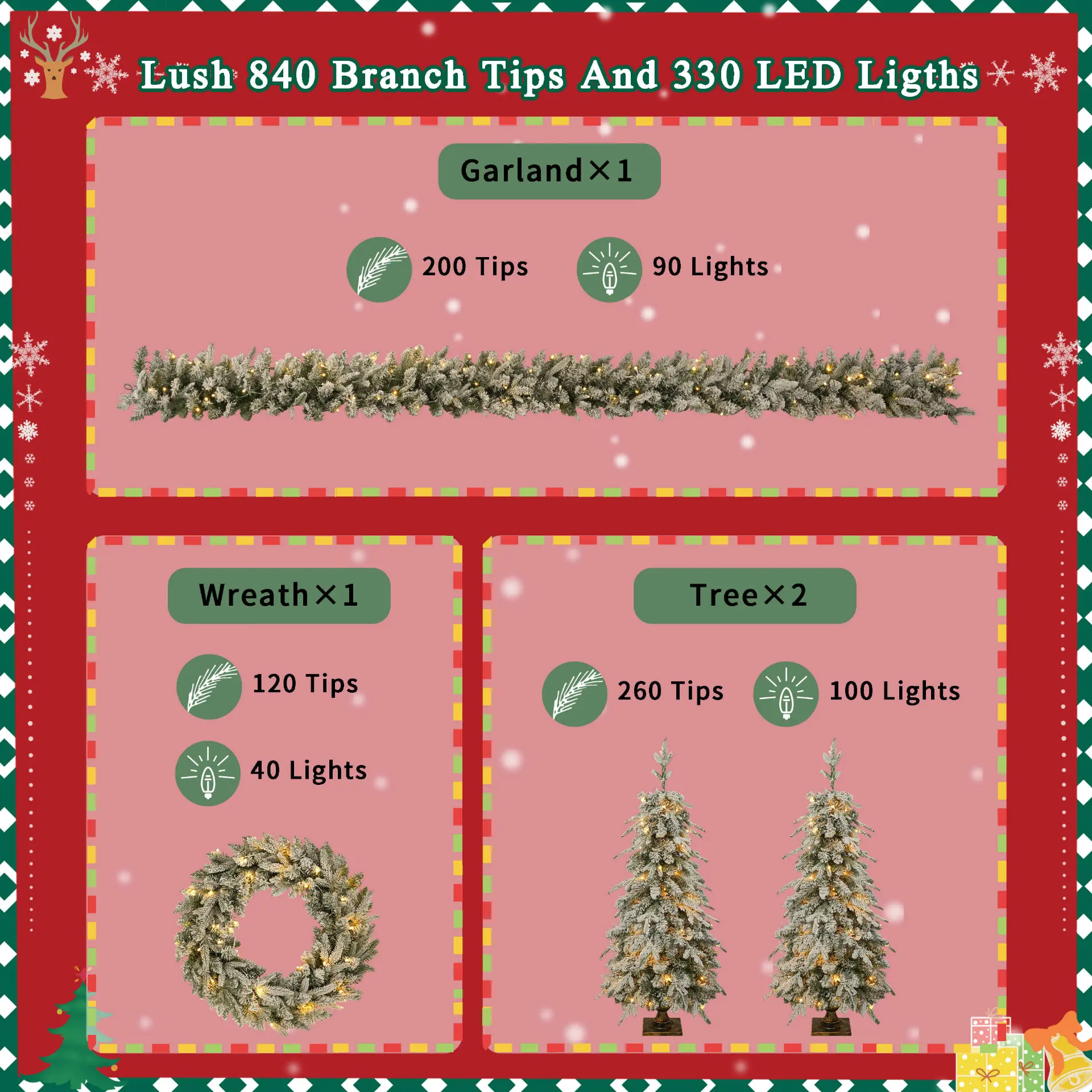 Pre-Lit Green Christmas Decor Set with Wreath, Garland and Two Entrance Trees - Image 4
