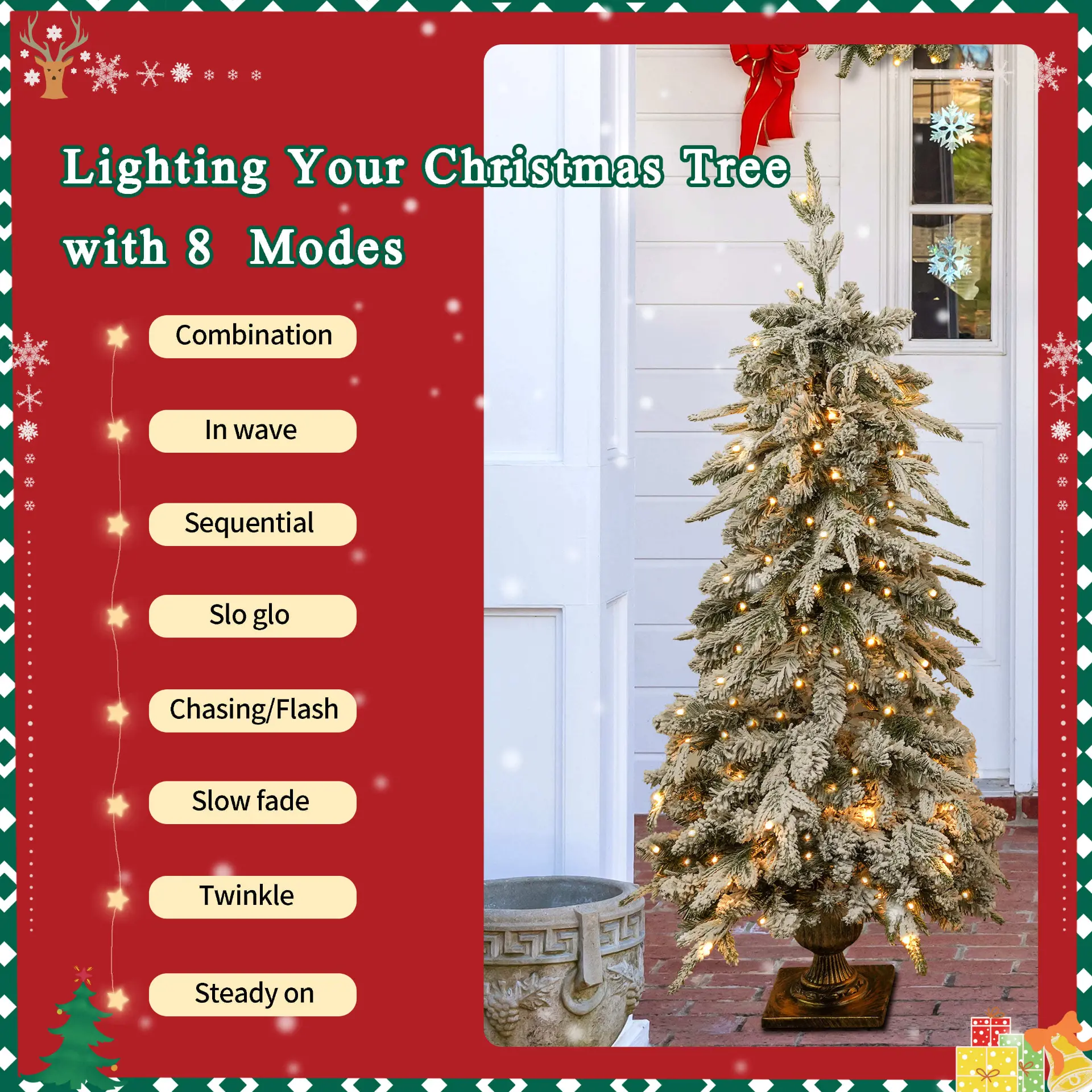 Pre-Lit Green Christmas Decor Set with Wreath, Garland and Two Entrance Trees - Image 5
