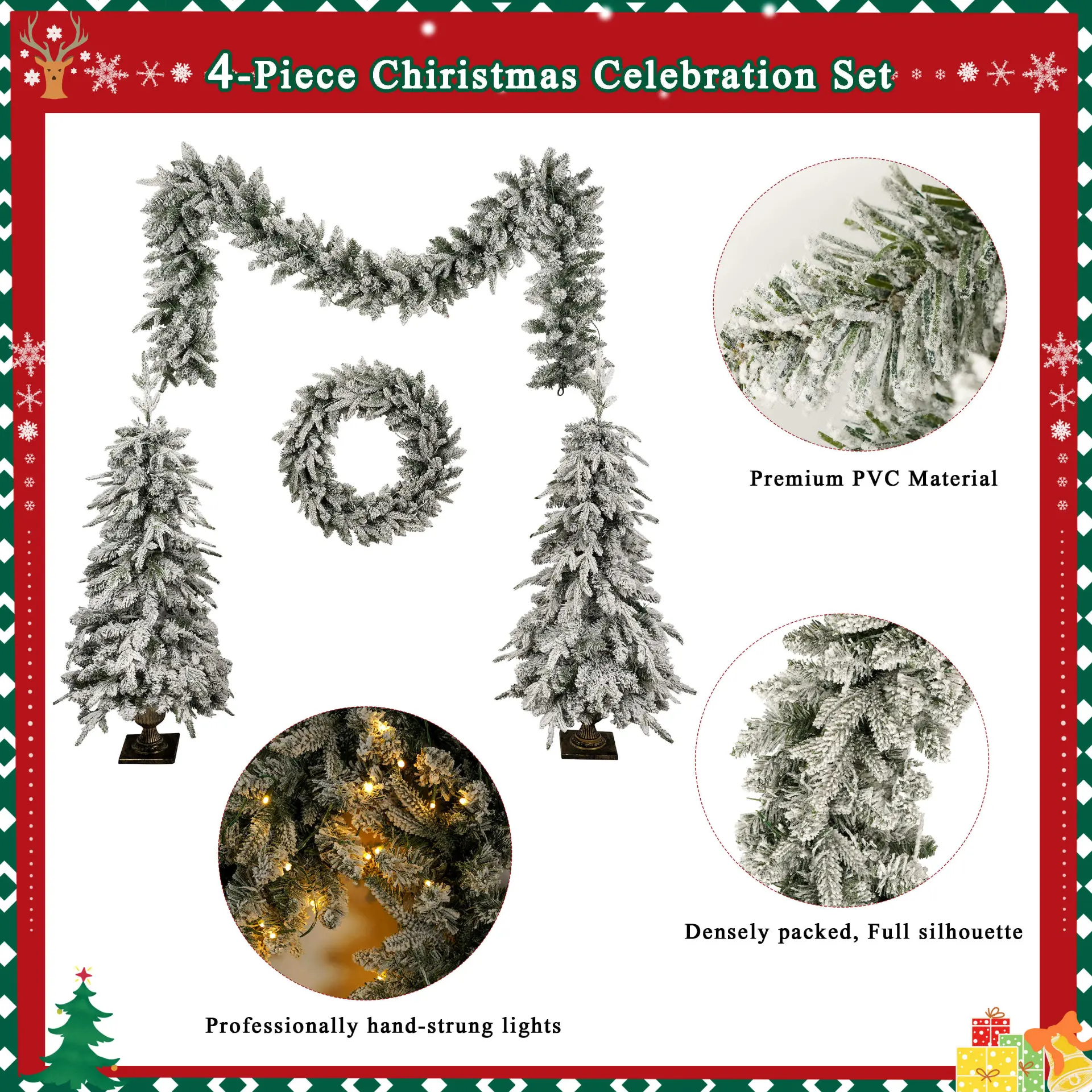 Pre-Lit Green Christmas Decor Set with Wreath, Garland and Two Entrance Trees - Image 6