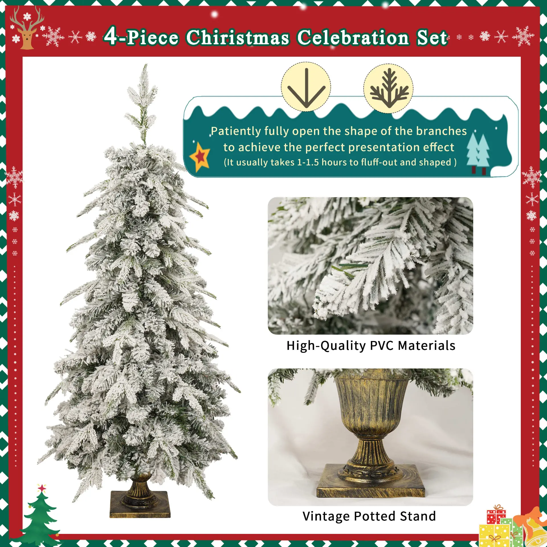 Pre-Lit Green Christmas Decor Set with Wreath, Garland and Two Entrance Trees - Image 7