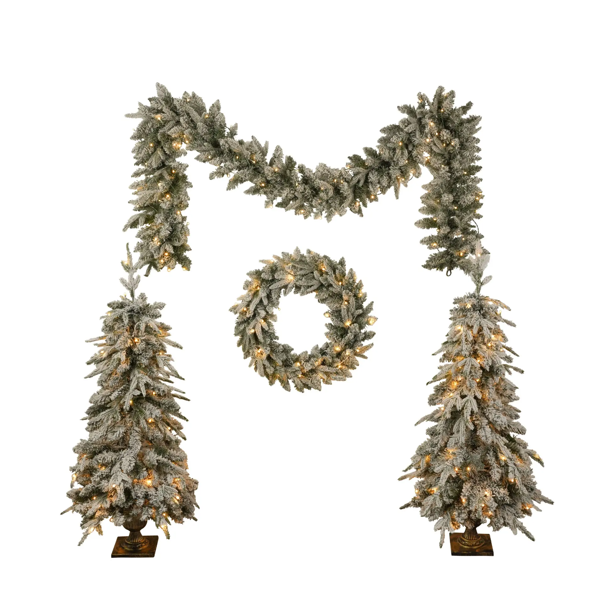 Pre-Lit Green Christmas Decor Set with Wreath, Garland and Two Entrance Trees - Image 9