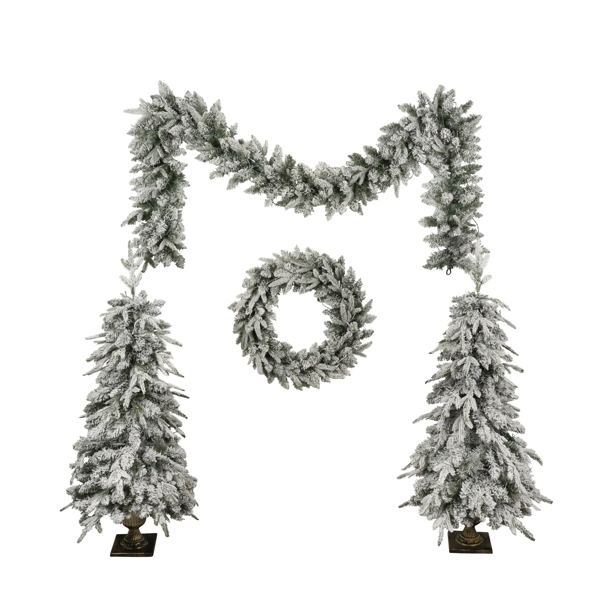 Pre-Lit Green Christmas Decor Set with Wreath, Garland and Two Entrance Trees - Image 10
