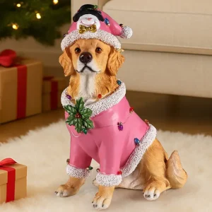 Christmas Golden Retriever Figurine in Pink Santa Outfit, 19.7 in
